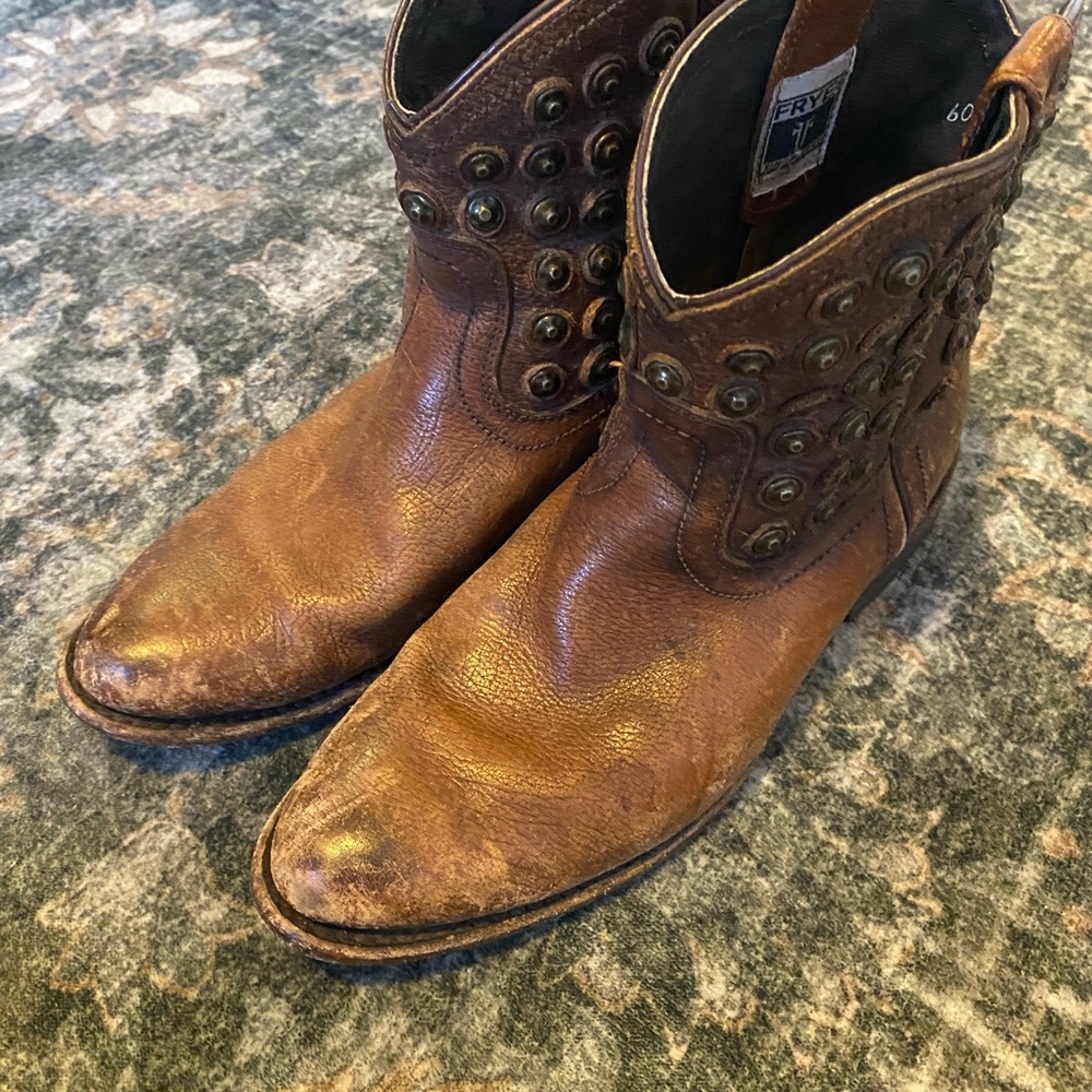 Frye Distressed Brown Leather Boots with Stud Accents